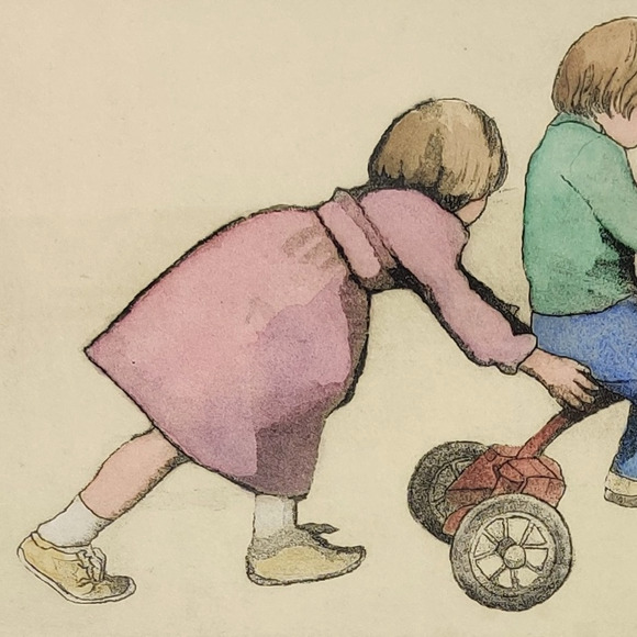 Tricycle Print Signed Matted Framed Numbered 8/150 Drawing Kids Siblings Friends - Picture 9 of 16